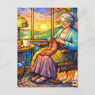 Carte Postale Grand-mère au vitrail tricotant, chat et maison co