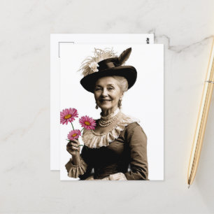 Carte Postale Grand-mère vintage souriante avec des fleurs roses