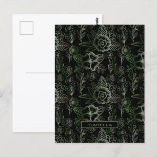 Carte Postale Grand motif fleuri vert nom personnalisé