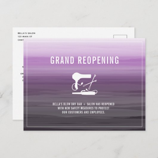 Carte Postale Grand Réouverture Salon Coiffeuse Stylo violet (Devant / Derrière)
