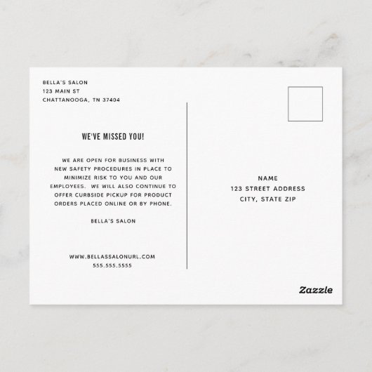 Carte Postale Grand Réouverture Salon Coiffeuse Stylo violet (Dos)