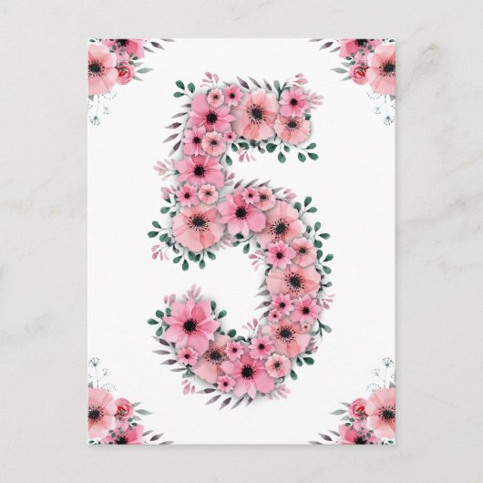 Carte Postale Grande 5e Anniversaire Fleurs Roses Fille Feuillag (Devant)