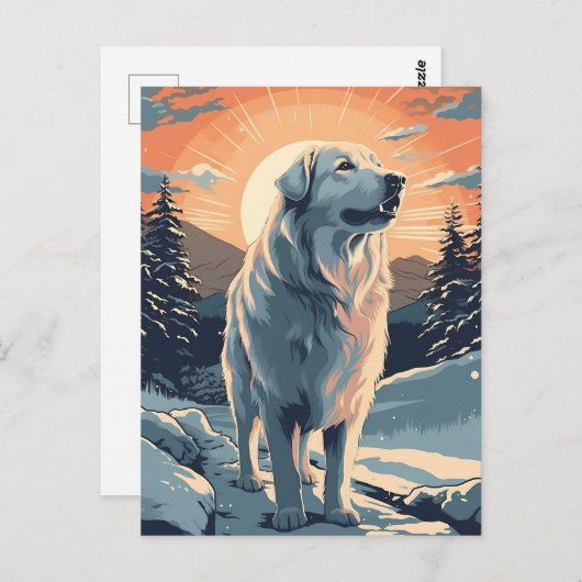 Carte Postale Grands pyrénées dans la forêt enneigée au coucher  (Devant / Derrière)