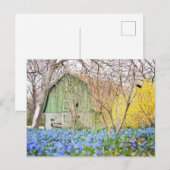 Carte Postale Grange d'automne avec champ de fleurs bleues (Devant / Derrière)