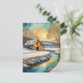 Carte Postale grange d'hiver le long du ruisseau (Debout devant)