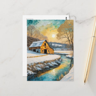 Carte Postale grange d'hiver le long du ruisseau