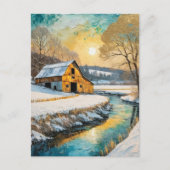 Carte Postale grange d'hiver le long du ruisseau (Devant)