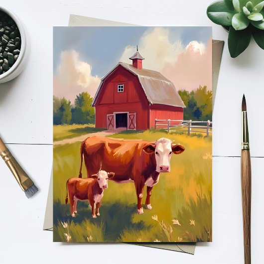 Carte Postale Grange rouge Animaux de ferme Peinture de vache