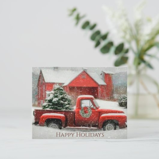 Carte Postale Grange rouge, paysage neigeux et arbre festif (Debout devant)