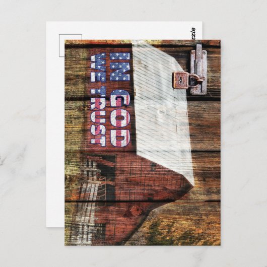 Carte Postale Grange Rouge Rustique Avec Latte En Dieu Nous Fais (Devant / Derrière)