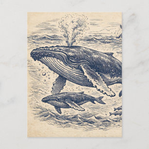 Carte Postale Gravure vintage de groupe de baleines à bosse