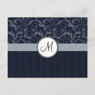 Carte Postale Gray and Navy Floral Wisps & Stripes avec Monogram