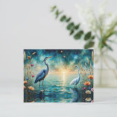 Carte Postale Great blue Heron & Egret flowers in water (Debout devant)