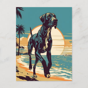 Carte Postale Great Dane sur une plage tropicale au coucher du s