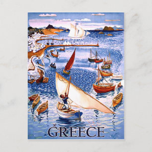 Carte Postale Grèce, bateaux de pêche sur la côte, voyage vintag