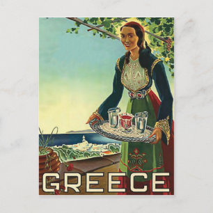 Carte Postale Grèce, femme avec accueil traditionnel, vintage