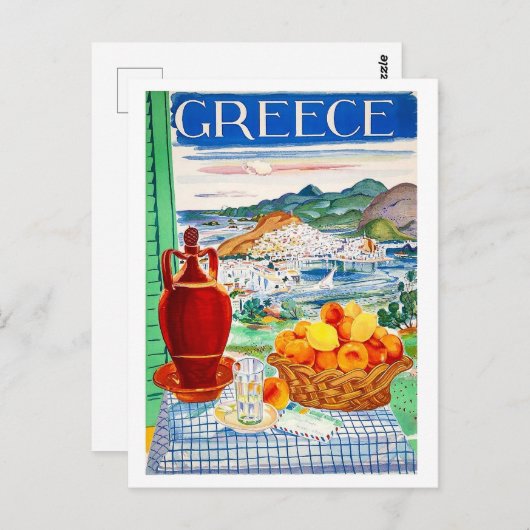 Carte Postale Grèce, fruits sur table, fenêtre vue paysage (Devant / Derrière)