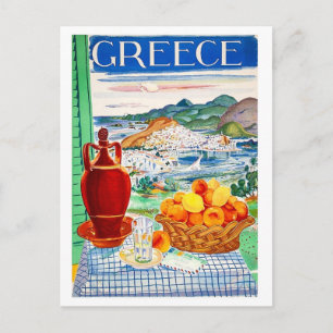Carte Postale Grèce, fruits sur table, fenêtre vue paysage