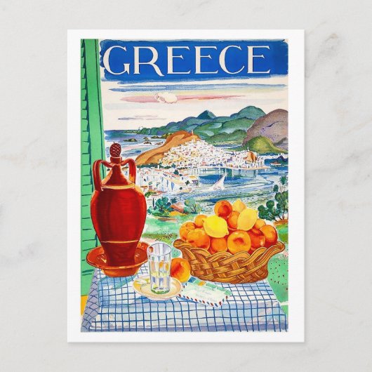 Carte Postale Grèce, fruits sur table, fenêtre vue paysage (Devant)