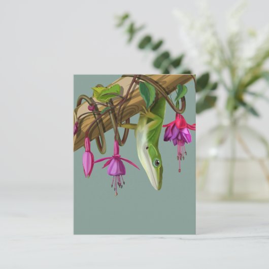 Carte Postale Green anole with Fuchsias (Debout devant)