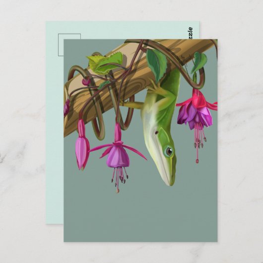 Carte Postale Green anole with Fuchsias  (Devant / Derrière)