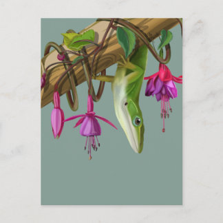 Carte Postale Green anole with Fuchsias 