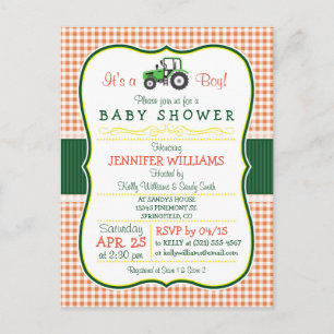 Carte Postale Green Farm Tractor Boy Baby shower Invitation