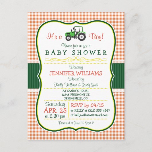 Carte Postale Green Farm Tractor Boy Baby shower Invitation (Devant)