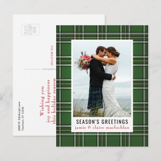 Carte Postale Green Plaid Classic One Photo Holiday (Devant / Derrière)