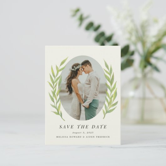 Carte Postale Green Simple Branch Photo Fiançailles Enregistrer  (Debout devant)