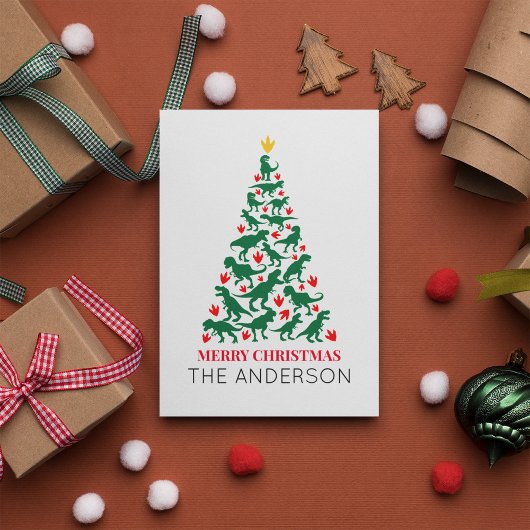 Carte Postale Green T Rex Arbre de Noël Rouge Paw