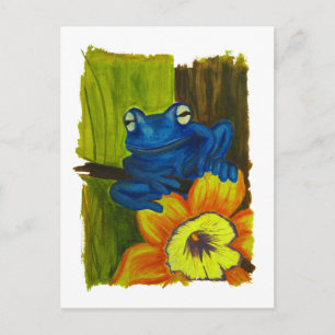 Carte Postale Grenouille bleue se relaxant sur la fleur et branc