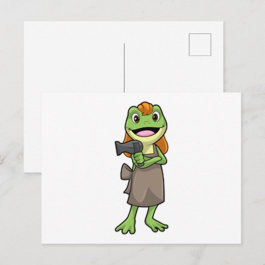 Carte Postale Grenouille coiffeuse avec sèche-cheveux (Devant / Derrière)