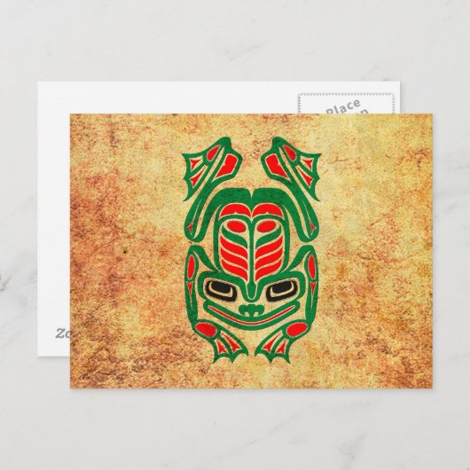 Carte Postale Grenouille d'art autochtone haïda, rouge vert (Devant / Derrière)