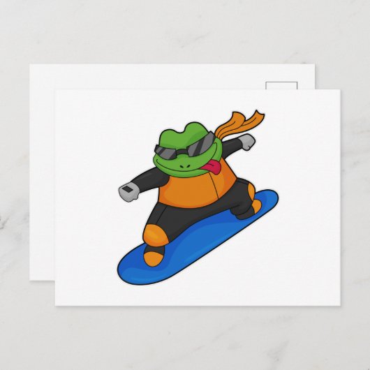 Carte Postale Grenouille en snowboardeur avec snowboard (Devant / Derrière)