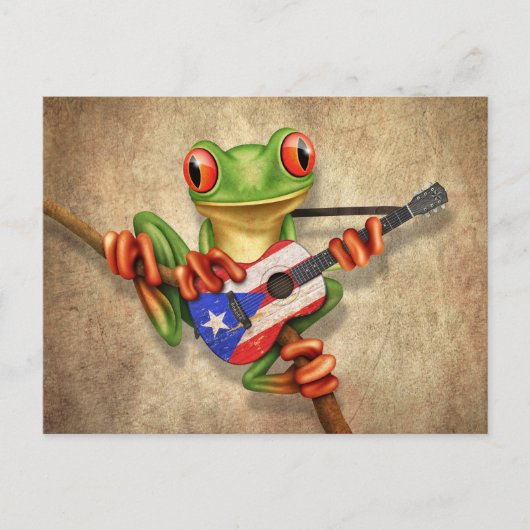 Carte Postale Grenouille Jouer Porto Rico Drapeau Guitare (Devant)