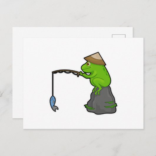 Carte Postale Grenouille sur pierre à la pêche avec canne à pêch (Devant / Derrière)