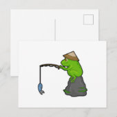 Carte Postale Grenouille sur pierre à la pêche avec une canne à (Devant / Derrière)