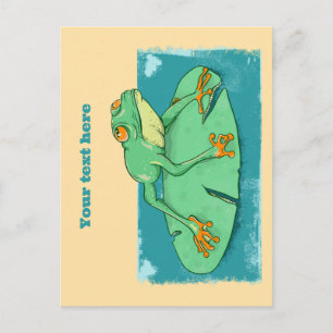 Carte Postale Grenouille verte mignonne sur un tapis de nénuphar