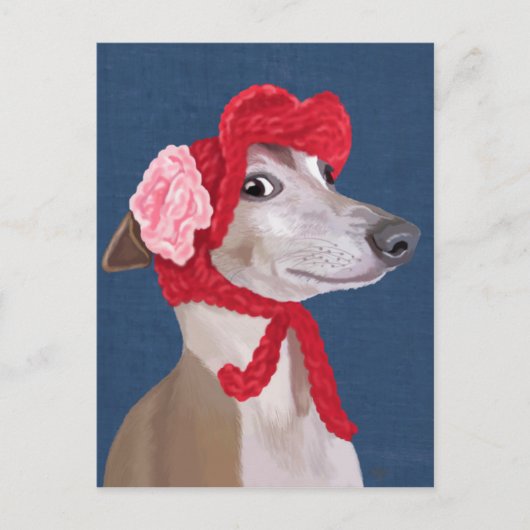 Carte Postale Greyhound avec Casquette en laine rouge (Devant)