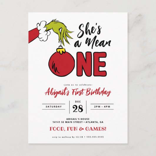 Carte Postale Grinch Elle est méchante 1er Anniversaire (Devant)