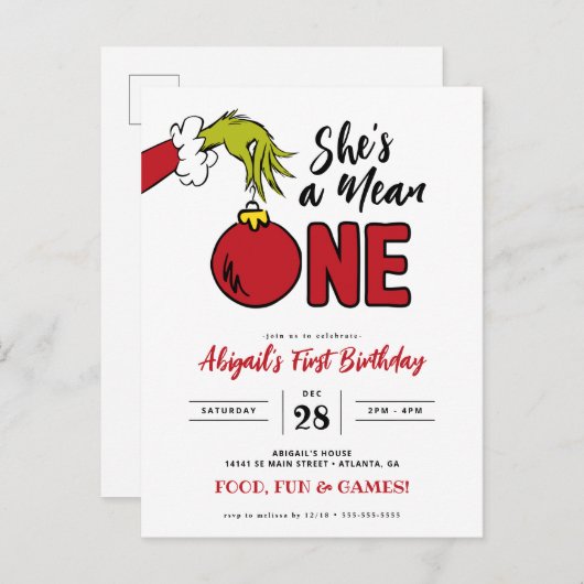 Carte Postale Grinch She's a Mean One 1st Birthday (Devant / Derrière)