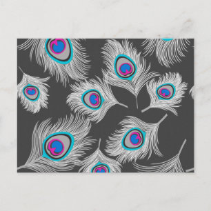 Carte Postale Gris d'argent / Gris Peacock plumes sur gris foncé