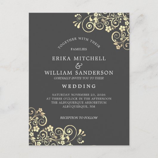 Carte Postale Gris Gold Faire-part de mariage RSVP l Site Web (Devant)