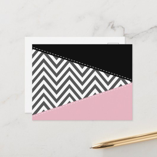 Carte Postale Gris Zigzag, Gris Chevron, Motif Zigzag, Rose (Devant/Arrière en situation)