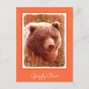Carte Postale Grizzly Bear Cub dans Fireweed Peinture Art de la