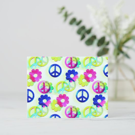 Carte Postale Groovy Hippie Peace Signs Flower Power Aqua (Debout devant)