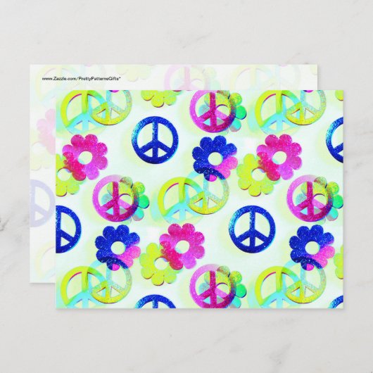 Carte Postale Groovy Hippie Peace Signs Flower Power Aqua (Devant / Derrière)