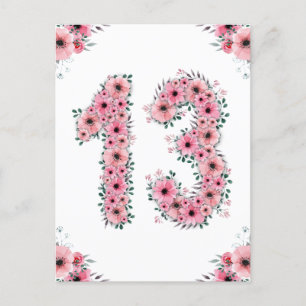 Carte Postale Gros 13e anniversaire Fleurs roses Fille Foliage v