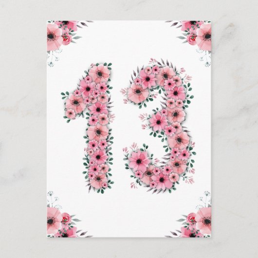 Carte Postale Gros 13e anniversaire Fleurs roses Fille Foliage v (Devant)